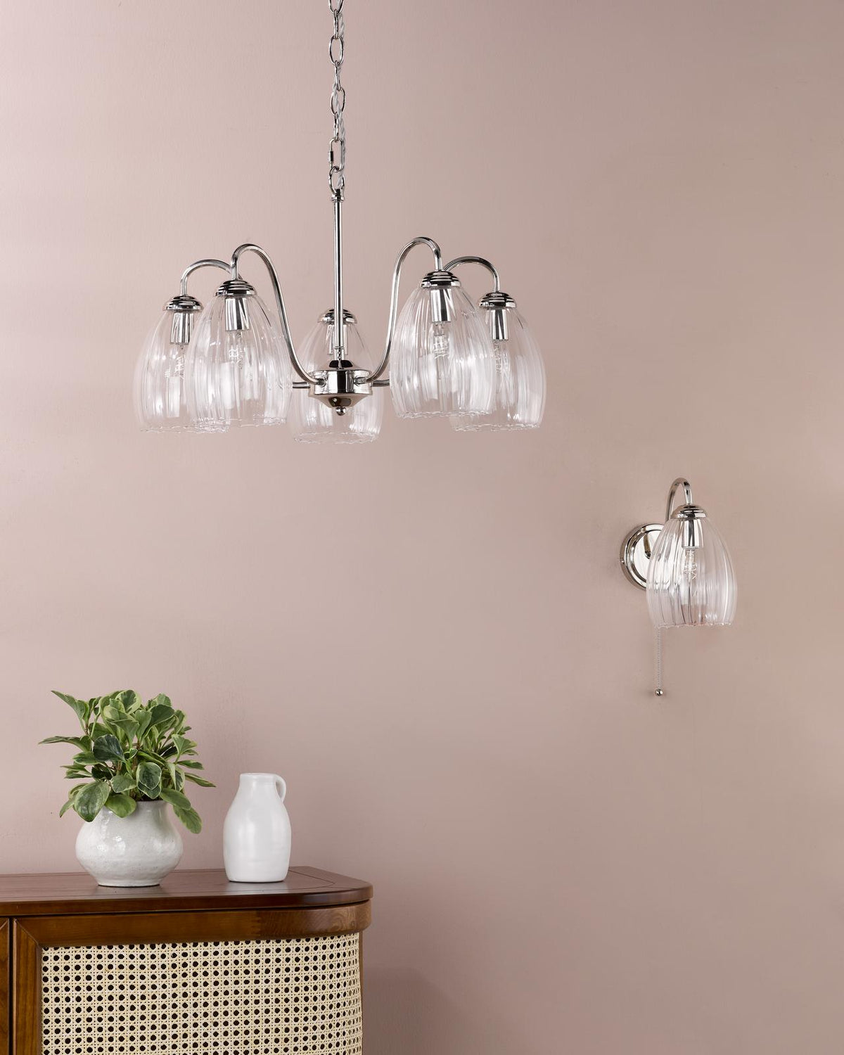 Dar Valora Wall Light Polished Nickel and Ribbed Glass