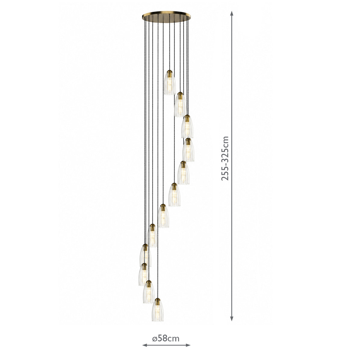 Dar Valora 12 Light Cluster Pendant Antique Bronze and Ribbed Glass