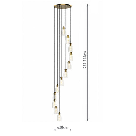 Dar Valora 12 Light Cluster Pendant Antique Bronze and Ribbed Glass