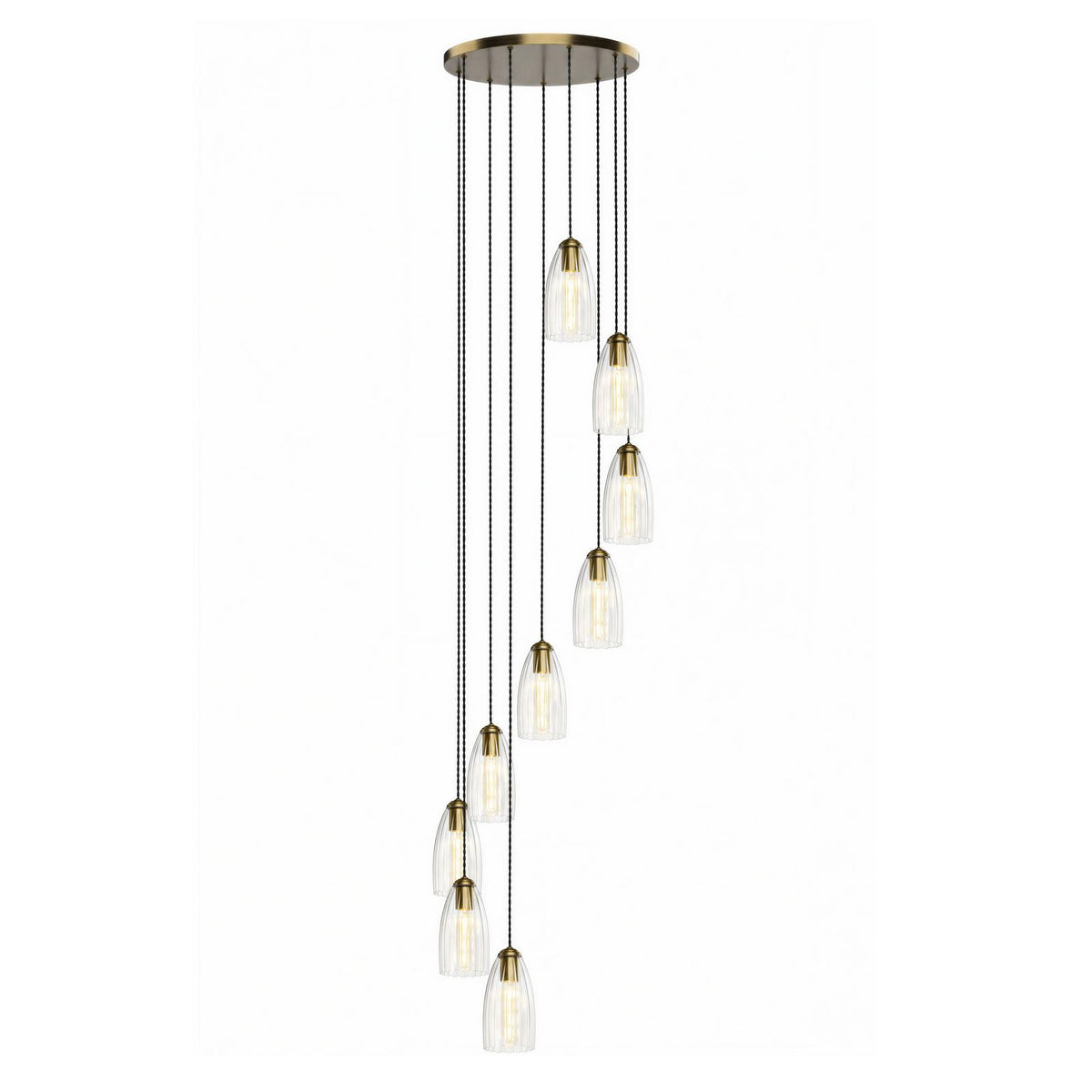 Dar Valora 9 Light Cluster Pendant Antique Bronze and Ribbed Glass