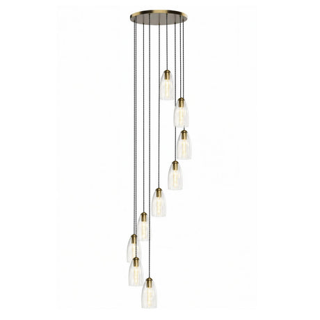 Dar Valora 9 Light Cluster Pendant Antique Bronze and Ribbed Glass