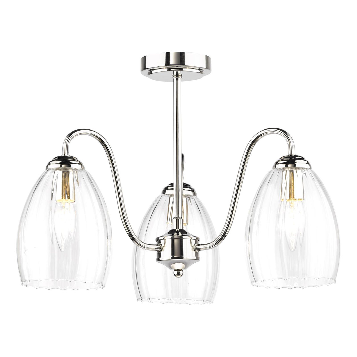 Dar Valora 3 Light Semi-Flush Polished Nickel and Ribbed Glass
