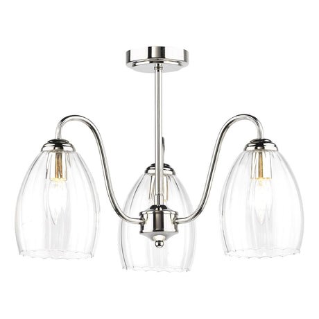 Dar Valora 3 Light Semi-Flush Polished Nickel and Ribbed Glass