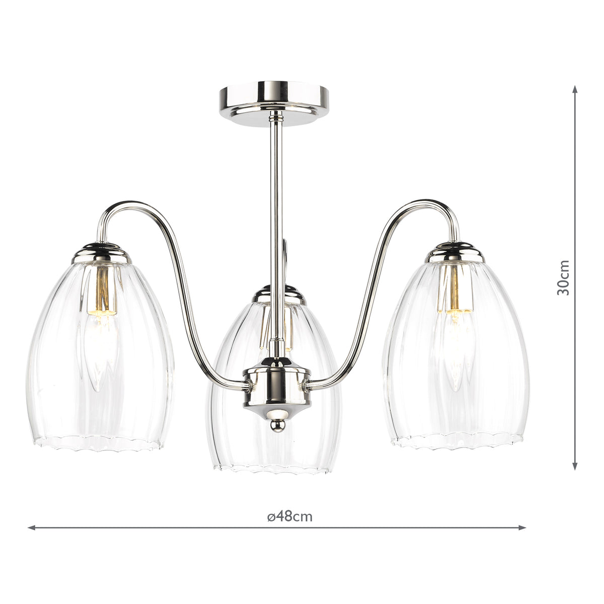 Dar Valora 3 Light Semi-Flush Polished Nickel and Ribbed Glass