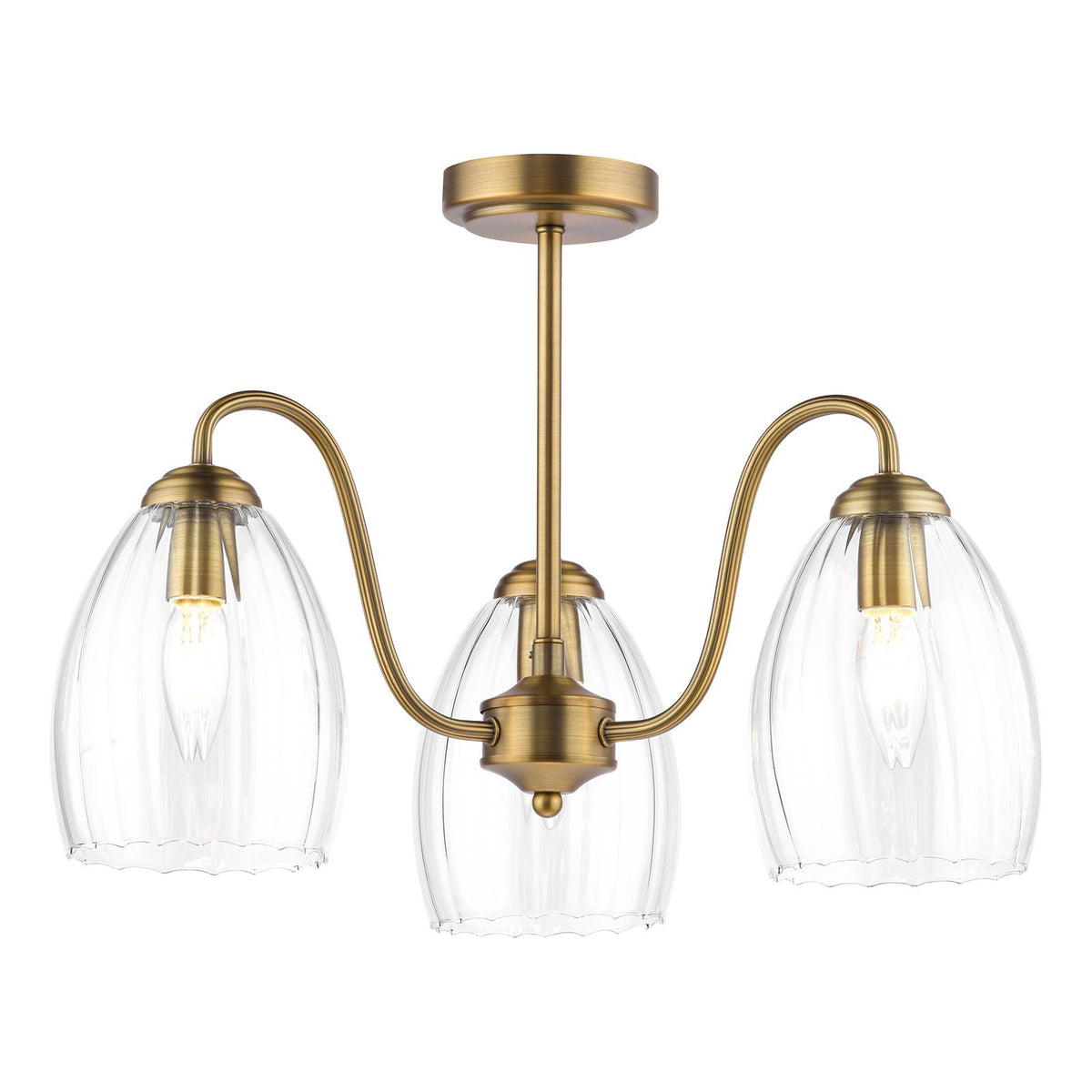 Dar Valora 3 Light Semi-Flush Antique Bronze and Ribbed Glass