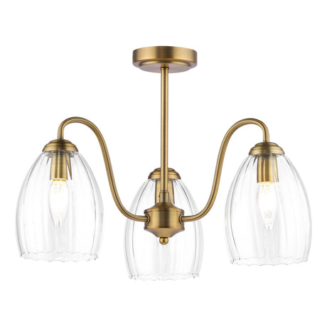 Dar Valora 3 Light Semi-Flush Antique Bronze and Ribbed Glass