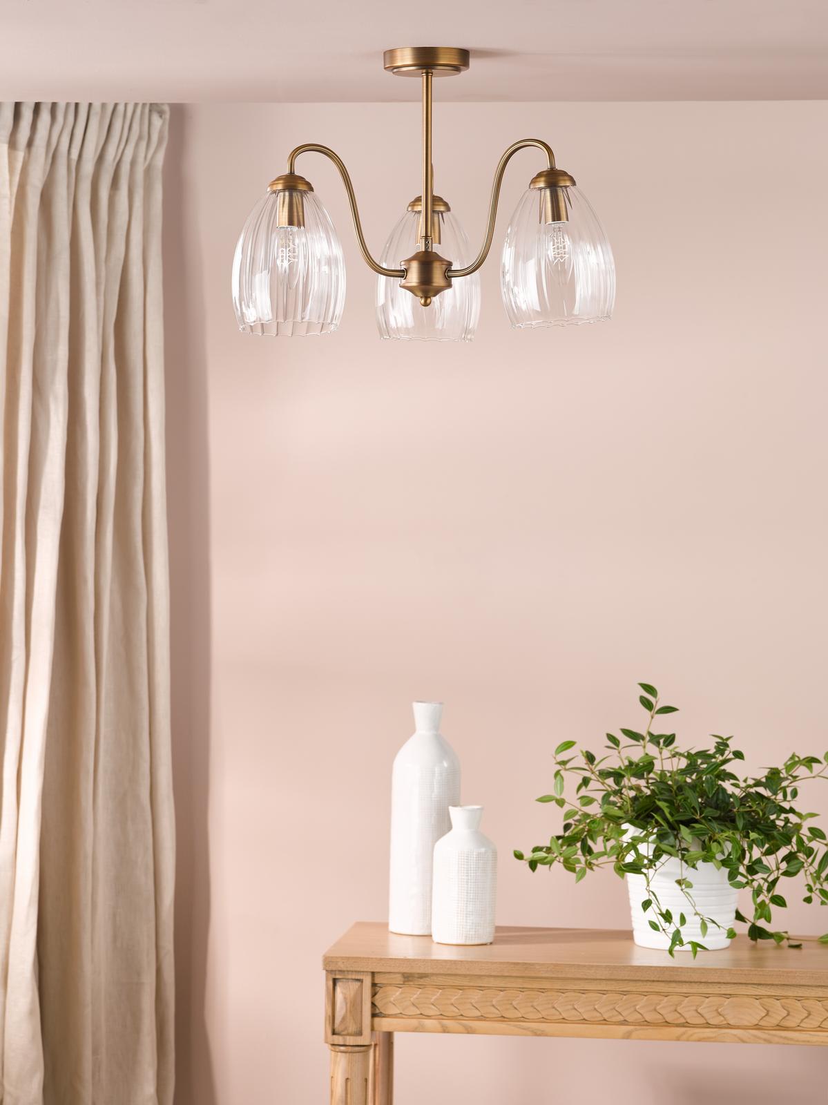 Dar Valora 3 Light Semi-Flush Antique Bronze and Ribbed Glass