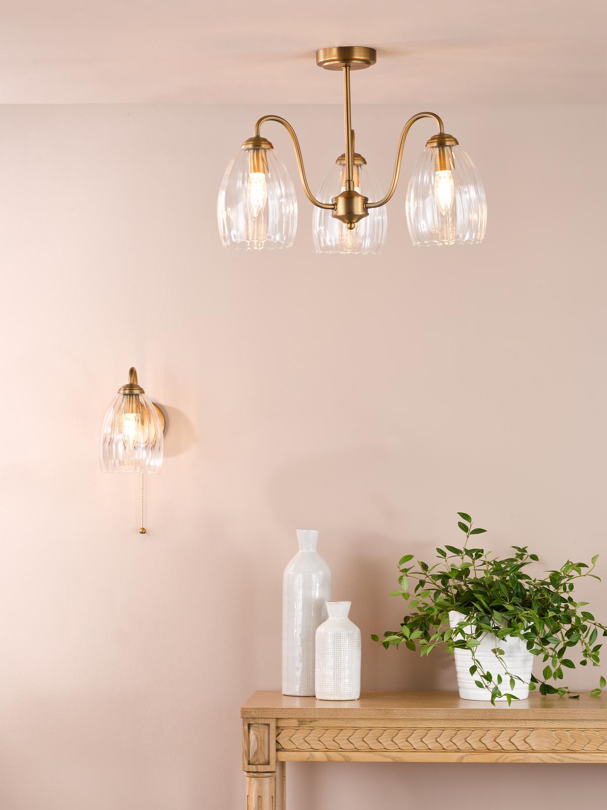 Dar Valora 3 Light Semi-Flush Antique Bronze and Ribbed Glass