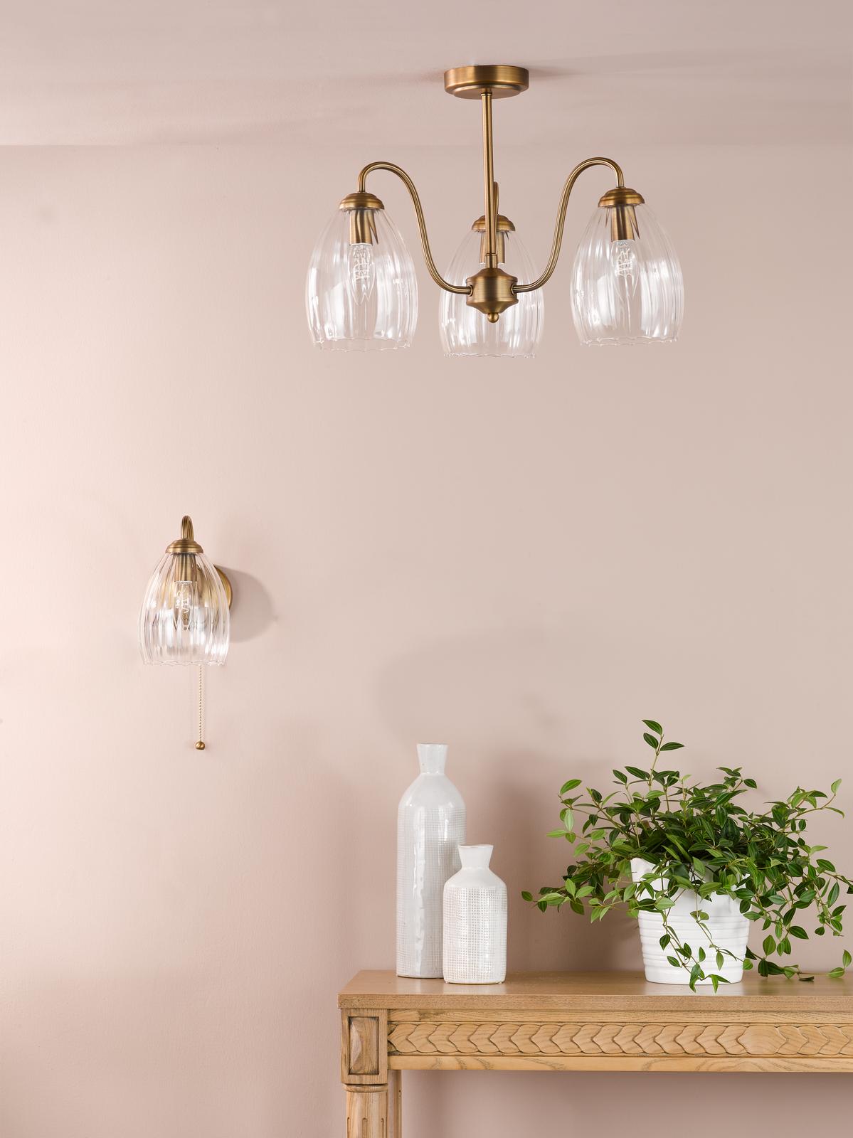 Dar Valora 3 Light Semi-Flush Antique Bronze and Ribbed Glass