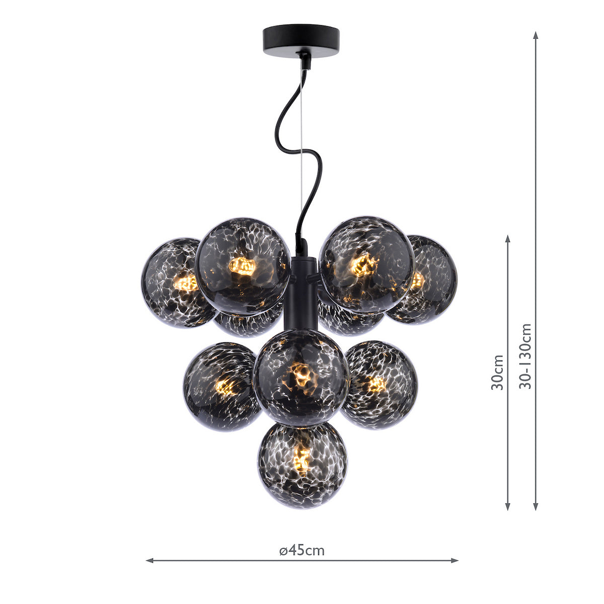 Dar Vine 10 Light Pendant Matt Black and Black Confetti Glass