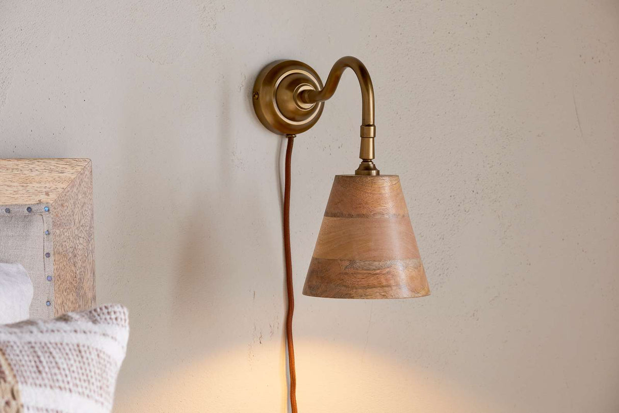 Nkuku Vattu Mango Wood Plug In Wall Lamp Natural & Antique Brass