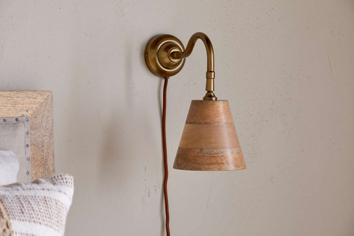 Nkuku Vattu Mango Wood Plug In Wall Lamp Natural & Antique Brass