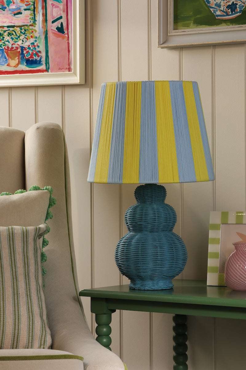 Joules Whitby Rattan Table Lamp Matt Blue With Yellow Blue Shade