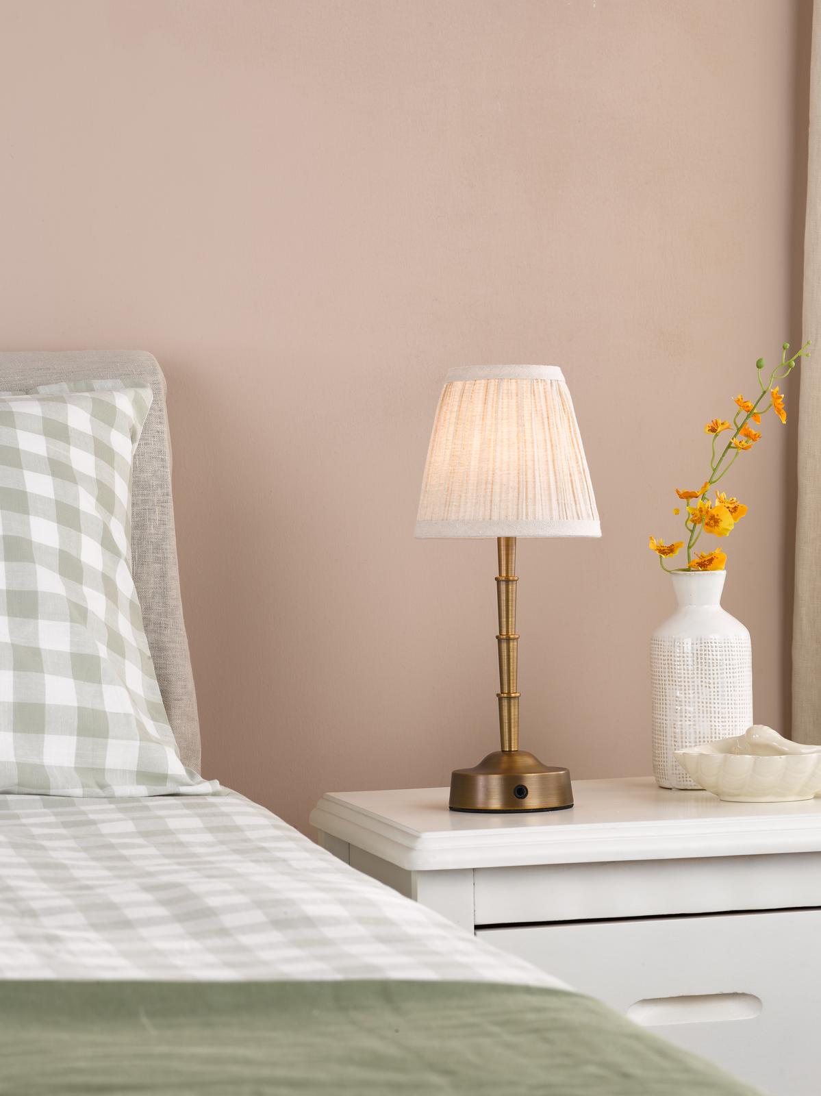 Dar Wyman Rechargeable Table Lamp Antique Bronze With Linen Pleated Shade LED