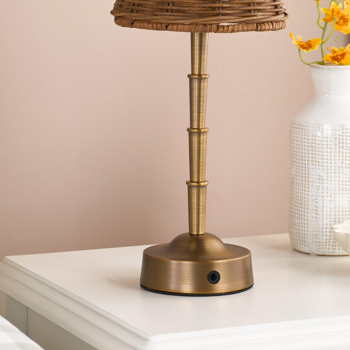 Dar Wyman Rechargeable Table Lamp Antique Bronze With Rattan Shade LED