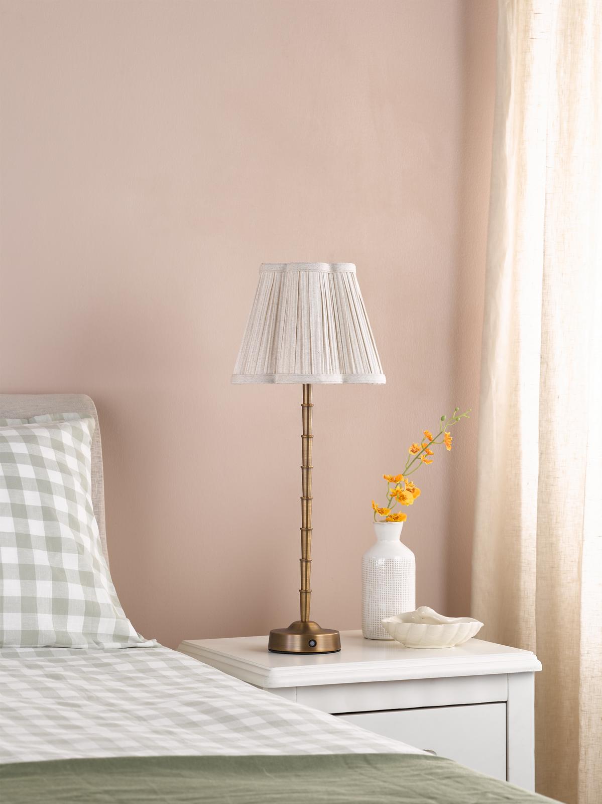 Dar Wyman Rechargeable Table Lamp Antique Bronze With Linen Pleated Scalloped Shade LED