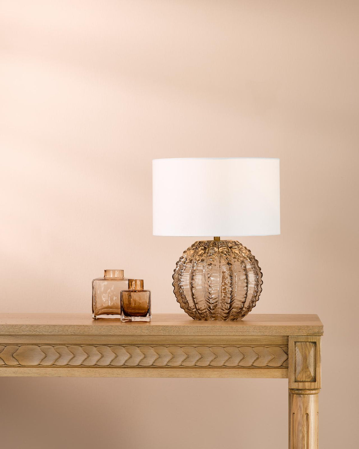 Dar Zorin Table Lamp Tea Glass and Antique Brass With Linen Shade