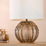 Dar Zorin Table Lamp Tea Glass and Antique Brass With Linen Shade