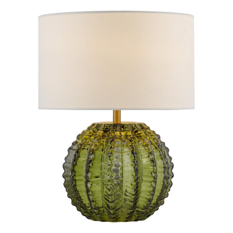 Dar Zorin Table Lamp Green Glass and Antique Brass With Linen Shade