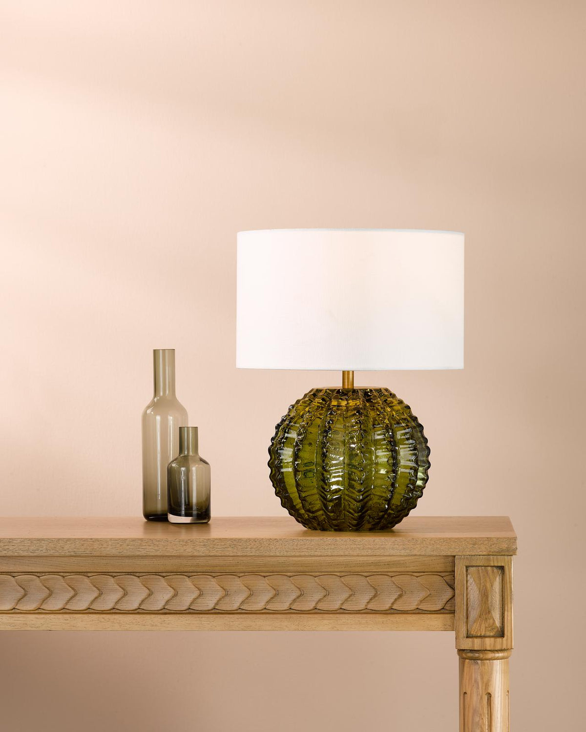Dar Zorin Table Lamp Green Glass and Antique Brass With Linen Shade
