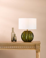 Dar Zorin Table Lamp Green Glass and Antique Brass With Linen Shade