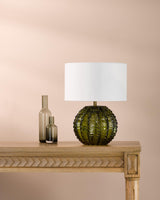 Dar Zorin Table Lamp Green Glass and Antique Brass With Linen Shade
