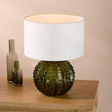 Dar Zorin Table Lamp Green Glass and Antique Brass With Linen Shade