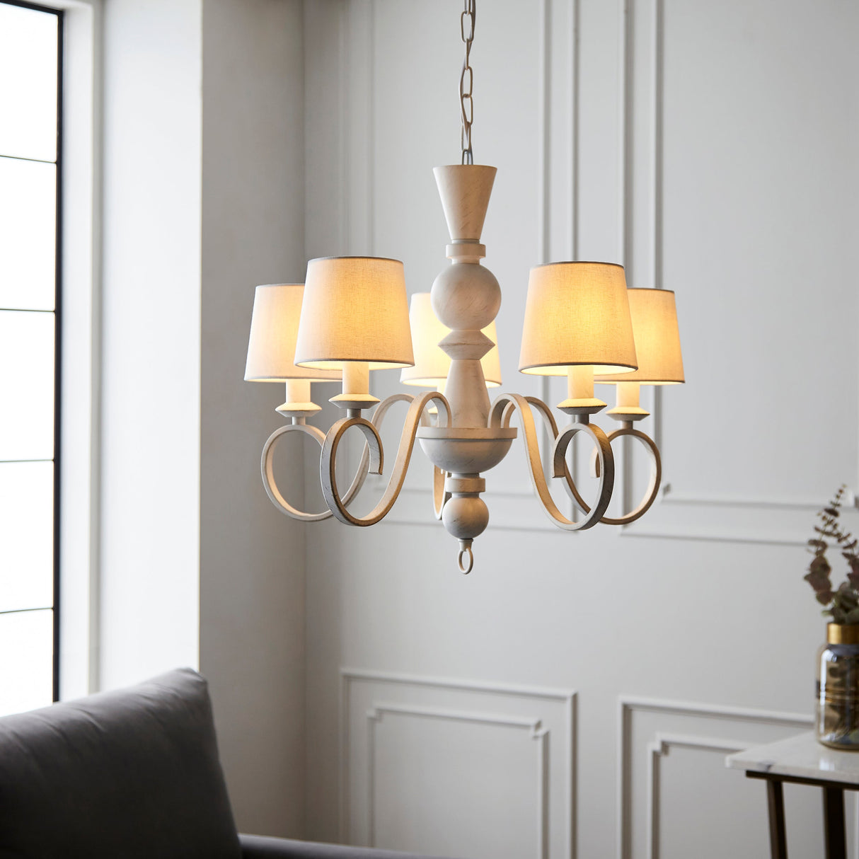 Amos Cotswolds Chandelier Distressed White with Shades –  from Amos Lighting + Home