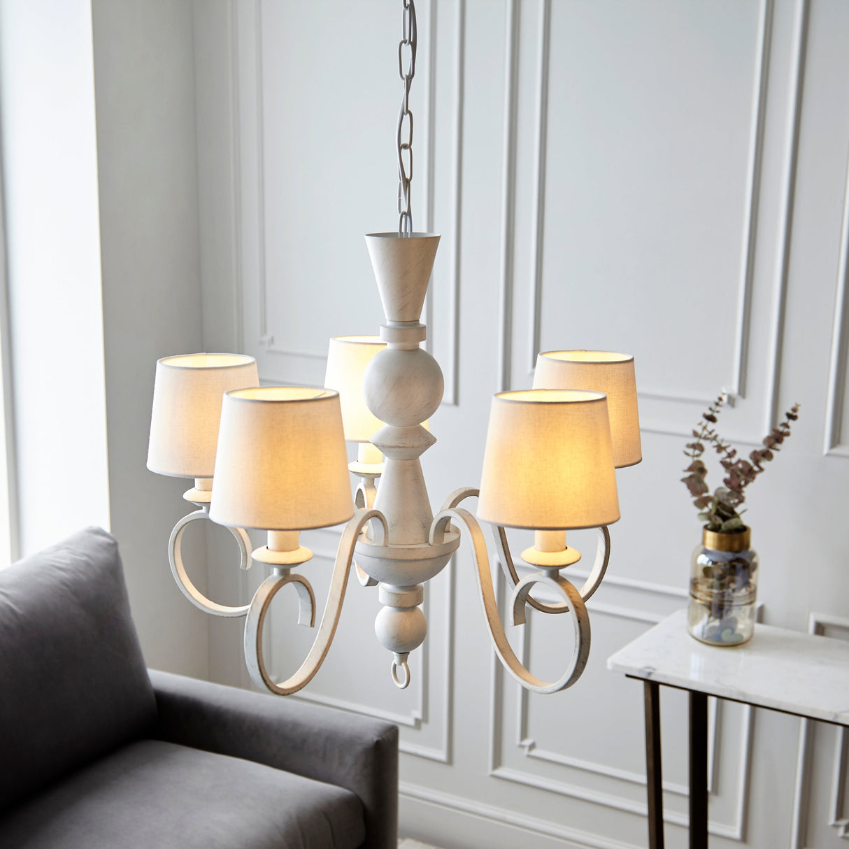 Amos Cotswolds Chandelier Distressed White with Shades –  from Amos Lighting + Home