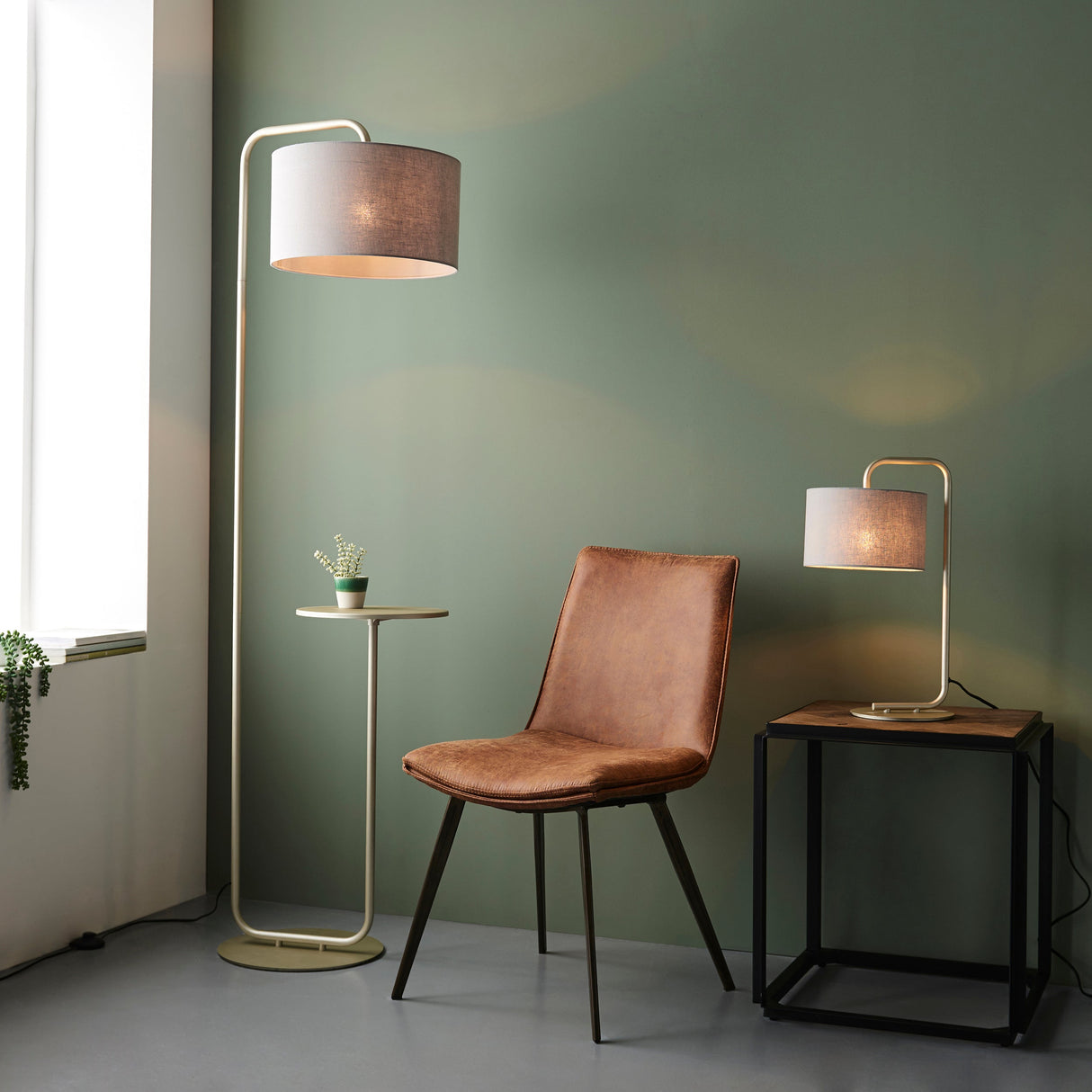 Amos Hybrid Floor Lamp with Table Satin Champagne –  from Amos Lighting + Home