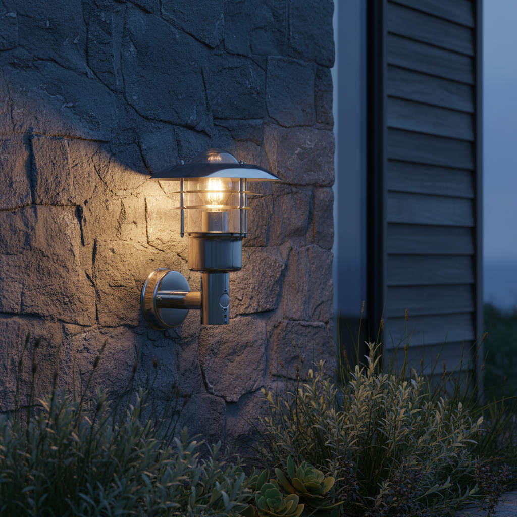 amos-lighting-Endon-Dexter-Outdoor-Wall-Light-PIR-Polished-Stainless-Steel-Stone-Wall-Coastal-Dusk