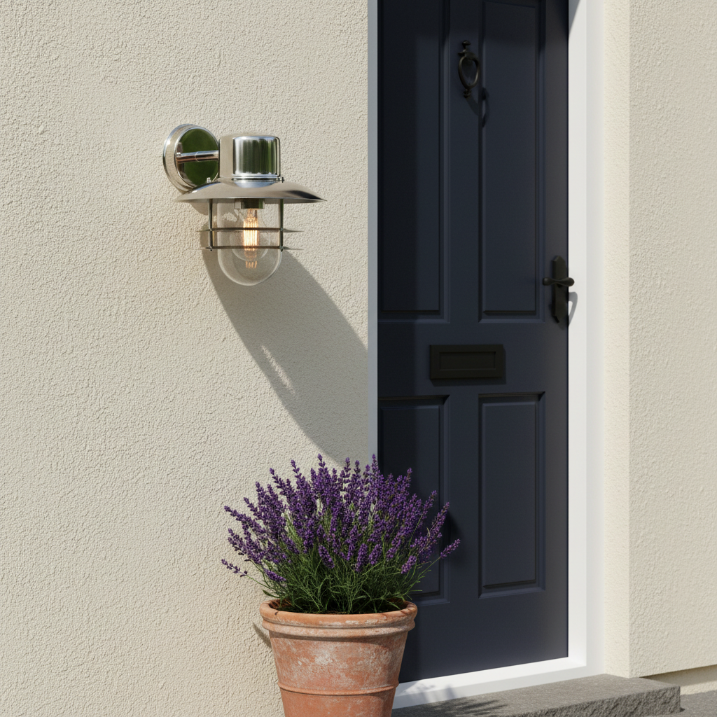 amos-lighting-Endon-Jenson-Outdoor-Wall-Light-Polished-Stainless-Steel-Cream-Render-Navy-Door-Daylight