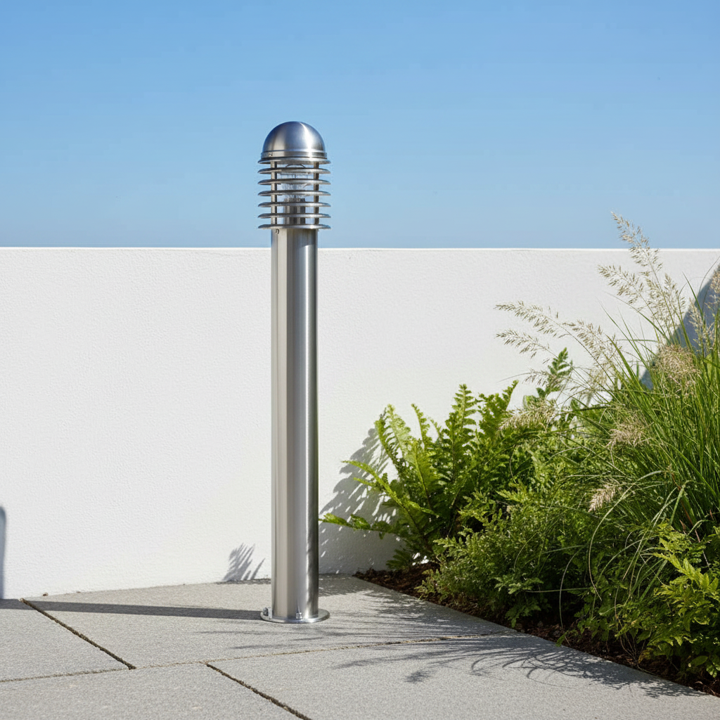 amos-lighting-Endon-Louvre-Outdoor-Bollard-100cm-Stainless-Steel-Closeup-Garden-Path-Daylight