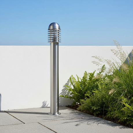 amos-lighting-Endon-Louvre-Outdoor-Bollard-100cm-Stainless-Steel-Closeup-Garden-Path-Daylight