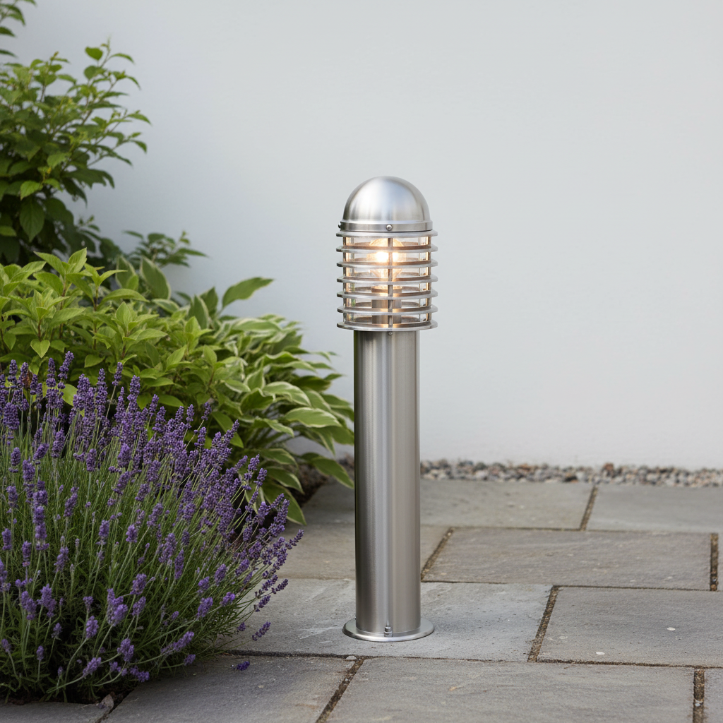 amos-lighting-Endon-Louvre-Outdoor-Bollard-65cm-Stainless-Steel-Closeup-Garden-Path-Daylight
