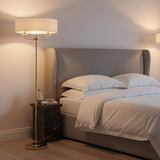 amos-lighting-Endon-Nixon-Floor-Lamp-Brass-Luxury-Bedroom-Grey-Linen-Headboard