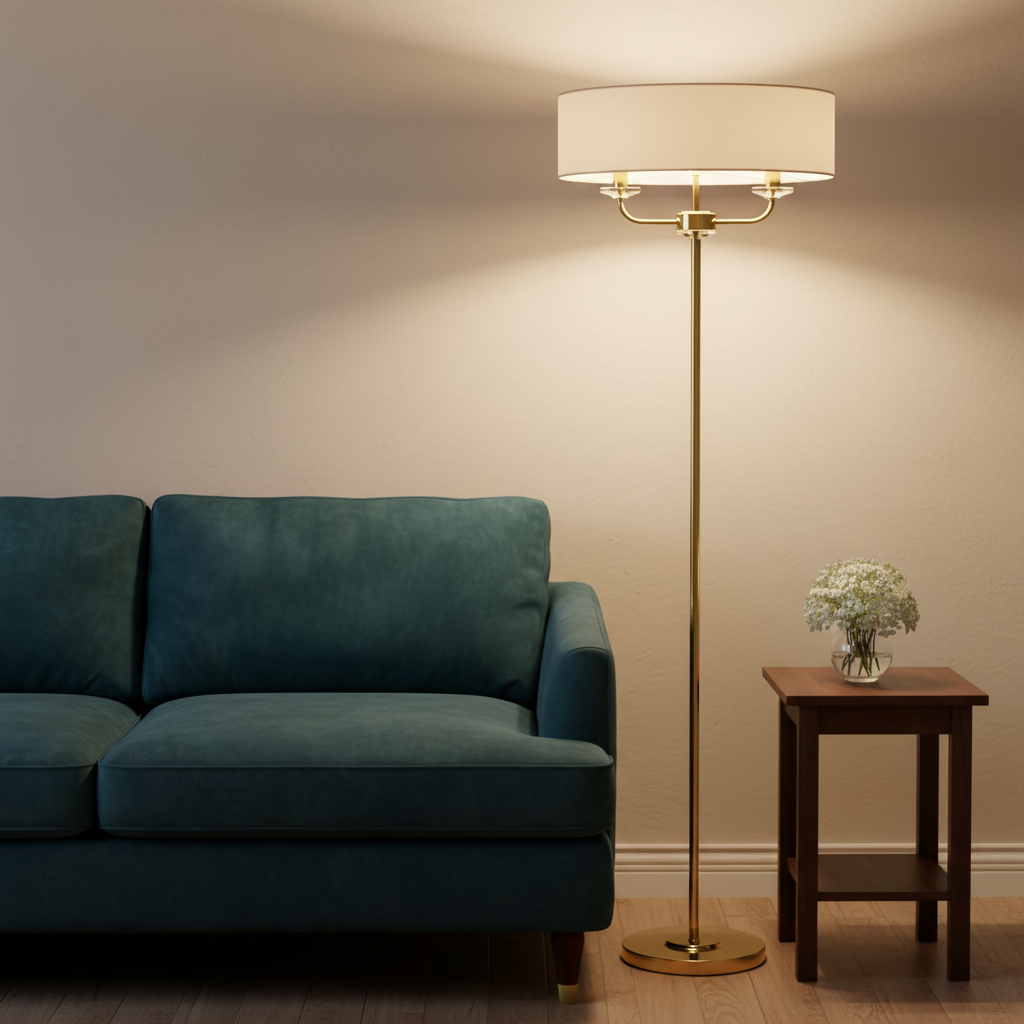 amos-lighting-Endon-Nixon-Floor-Lamp-Brass-Teal-Velvet-Sofa-Living-Room