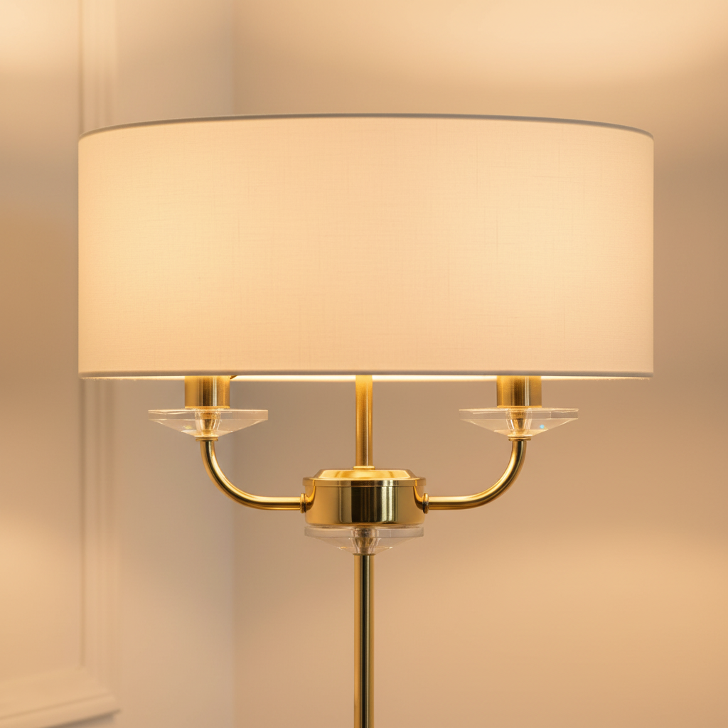amos-lighting-Endon-Nixon-Table-Lamp-Brass-Crystal-Accents-White-Drum-Shade-Closeup