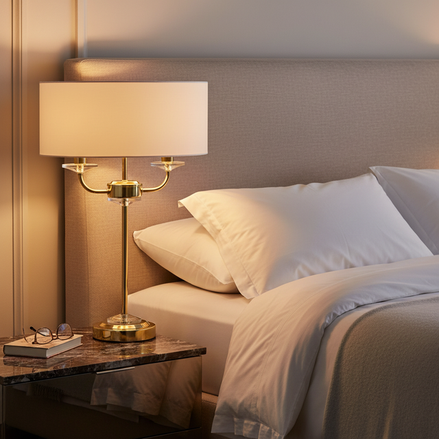 amos-lighting-Endon-Nixon-Table-Lamp-Brass-Luxury-Bedroom-Champagne-Linen-Headboard-Marble-Bedside