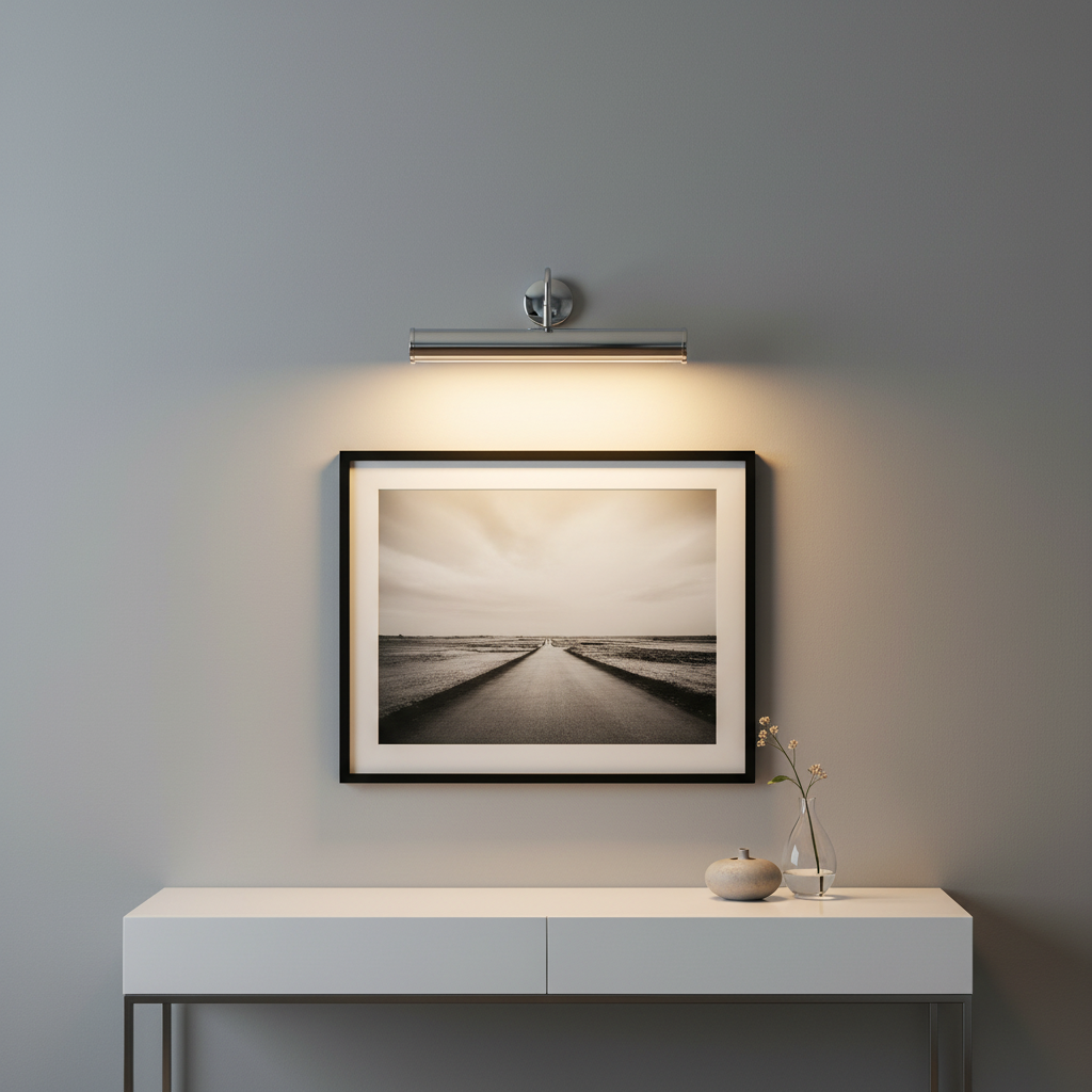 amos-lighting-Endon-Turner-Picture-Light-Chrome-Dove-Grey-Wall-BW-Photography-White-Console