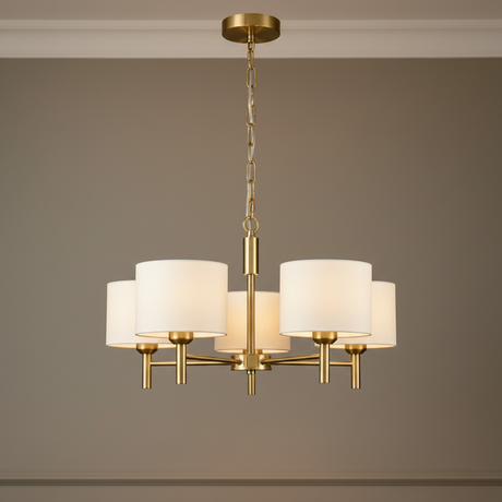 amos-lighting-Franklite-Barolo-5-Light-Chandelier-Aged-Brass-White-Shades-Closeup-No-Table