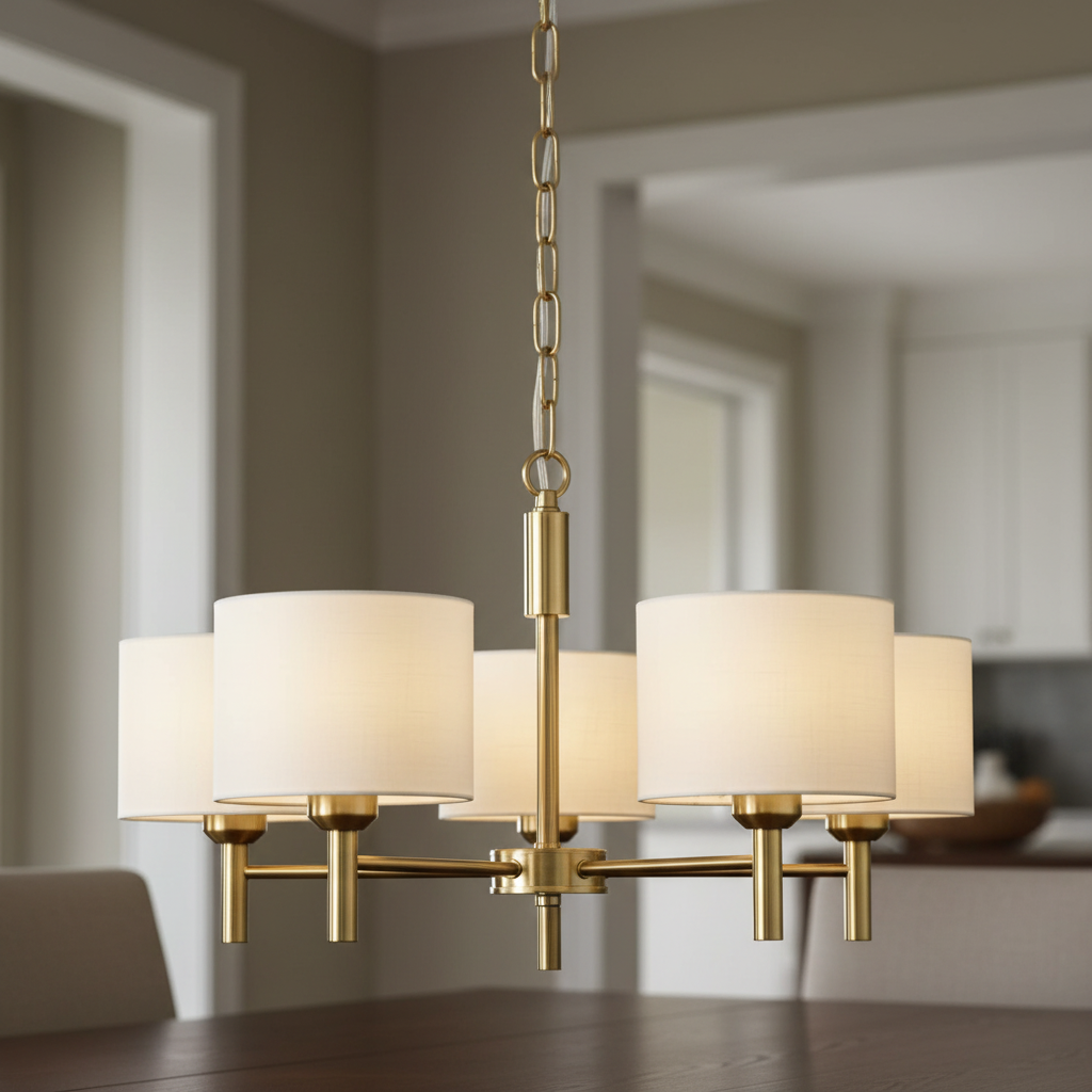 amos-lighting-Franklite-Barolo-5-Light-Chandelier-Aged-Brass-White-Shades-Closeup