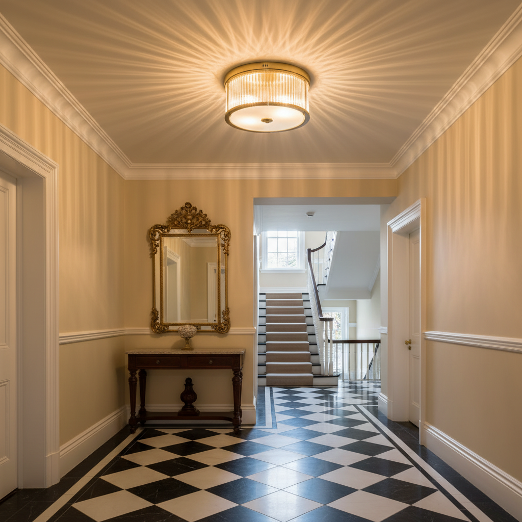 amos-lighting-Franklite-Bonham-Aged-Brass-Flush-Ceiling-Light-Hallway