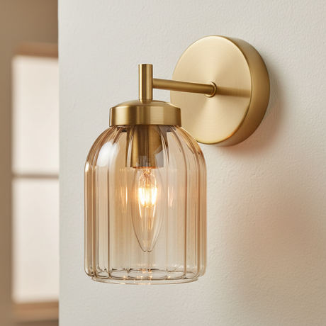 amos-lighting-Franklite-Caligo-Wall-Light-Aged-Brass-Amber-Ribbed-Glass-Closeup