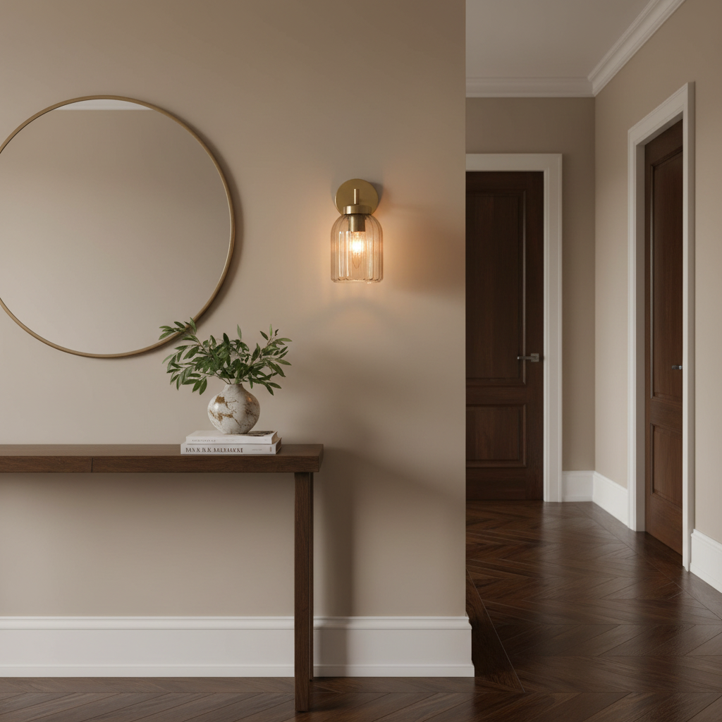 amos-lighting-Franklite-Caligo-Wall-Light-Aged-Brass-Amber-Ribbed-Glass-Hallway