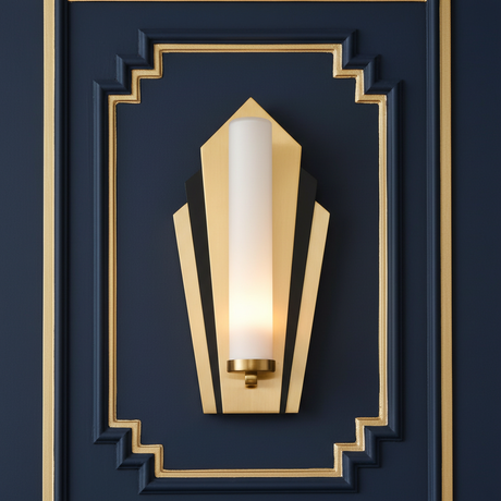 amos-lighting-Franklite-Chrysler-Art-Deco-Bathroom-Wall-Light-Gold-Black-Closeup-Navy-Panel
