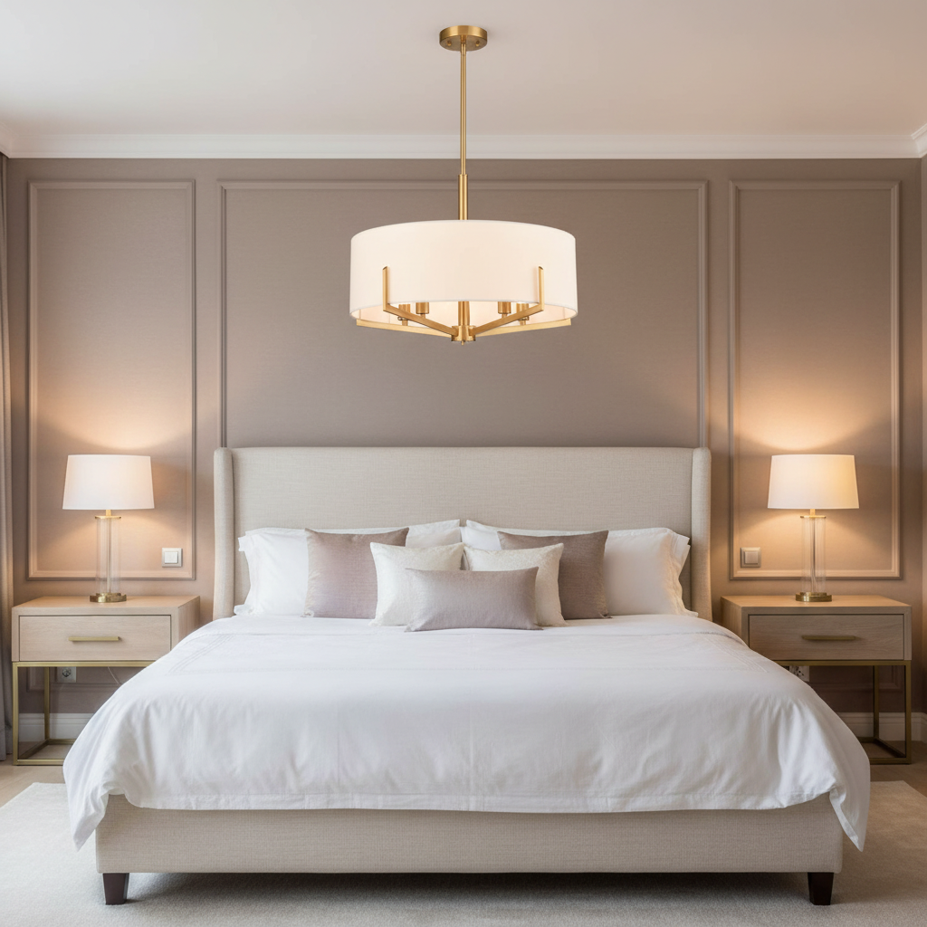 amos-lighting-Franklite-Clifton-5-Light-Pendant-Brushed-Brass-White-Drum-Bedroom