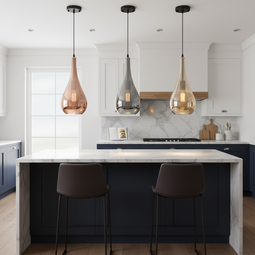 amos-lighting Franklite Droplet Glass Pendant Copper Smoke Amber - Kitchen Island