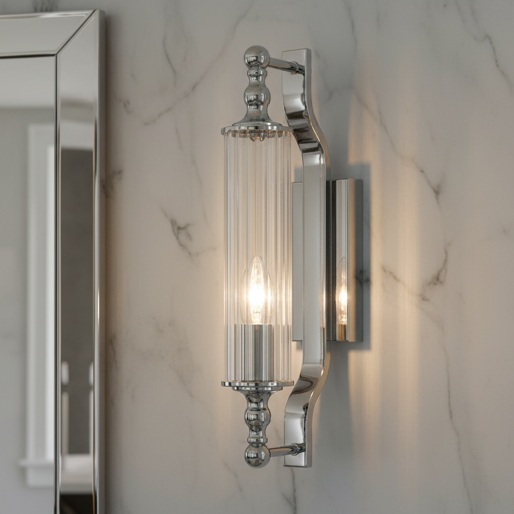 amos-lighting-Franklite-Empire-Bathroom-Wall-Light-Chrome-Closeup-Marble-Mirror