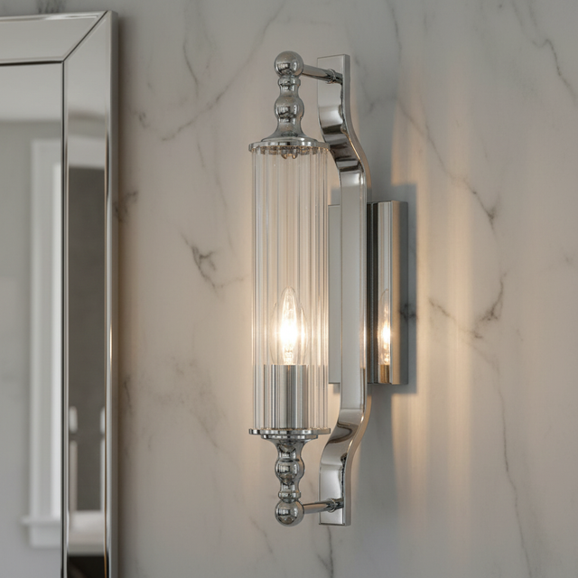 amos-lighting-Franklite-Empire-Bathroom-Wall-Light-Chrome-Closeup-Marble-Mirror